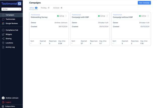 Testimonial iQ Dashboard